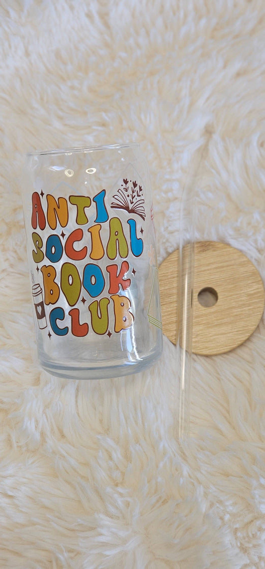 16 oz Glass can With Anti-social Book Club, perfect for Book lovers, Lovers of Books 
