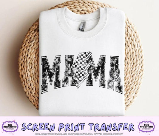 Distressed Mama Checkered Bolt Single Color Screen Print Transfer